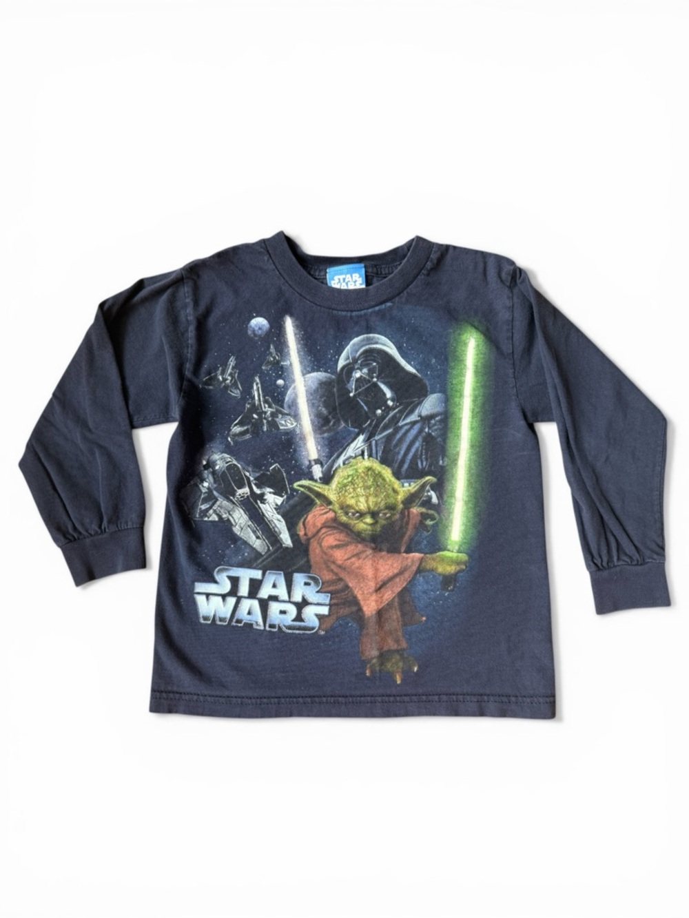 Y2K Star Wars Darth Vader Yoda Light Saber Long Sleeve Navy T-Shirt